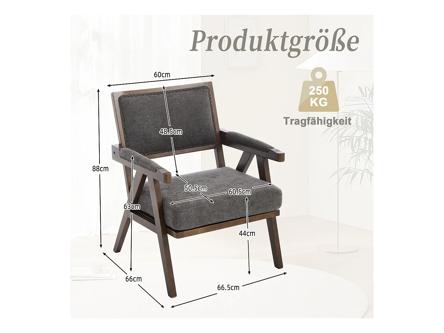 Sienna - Fauteuil Droit en Coton-Lin et Bois Massif - Fauteuil Vintage avec Dossier Ergonomique - Gris - Confortable pour Salon/Chambre/Bureau