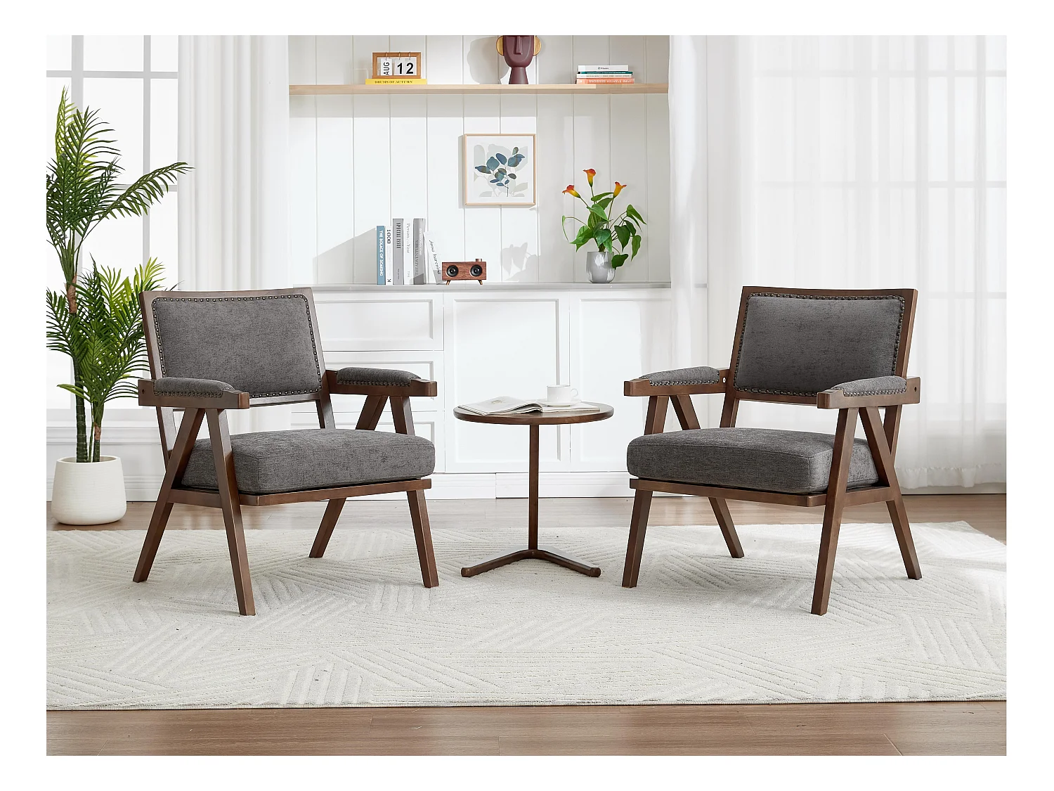 Sienna - Fauteuil Droit en Coton-Lin et Bois Massif - Fauteuil Vintage avec Dossier Ergonomique - Gris - Confortable pour Salon/Chambre/Bureau