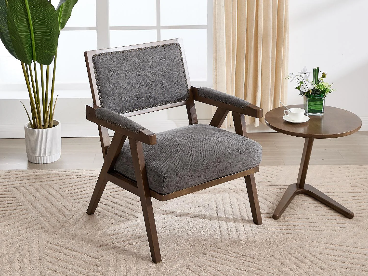 Sienna - Fauteuil Droit en Coton-Lin et Bois Massif - Fauteuil Vintage avec Dossier Ergonomique - Gris - Confortable pour Salon/Chambre/Bureau