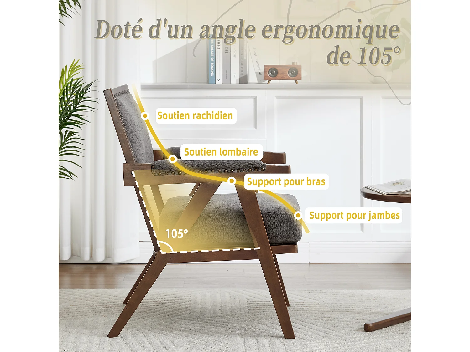 Sienna - Fauteuil Droit en Coton-Lin et Bois Massif - Fauteuil Vintage avec Dossier Ergonomique - Gris - Confortable pour Salon/Chambre/Bureau