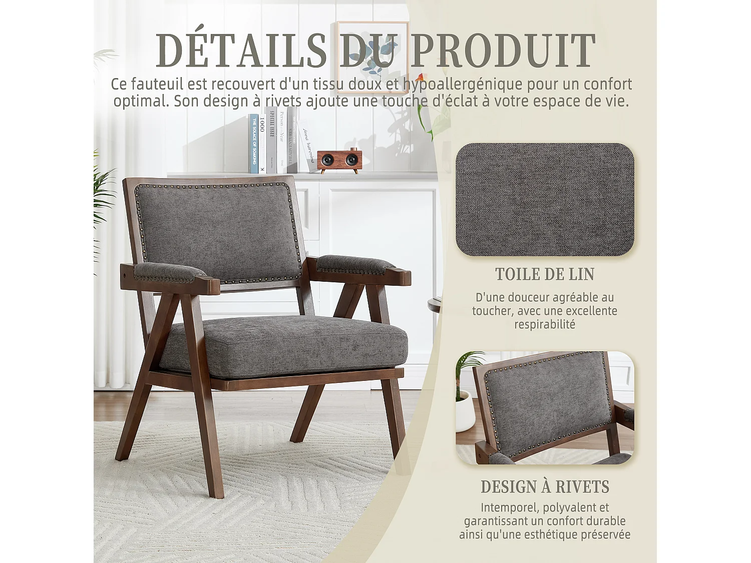 Sienna - Fauteuil Droit en Coton-Lin et Bois Massif - Fauteuil Vintage avec Dossier Ergonomique - Gris - Confortable pour Salon/Chambre/Bureau