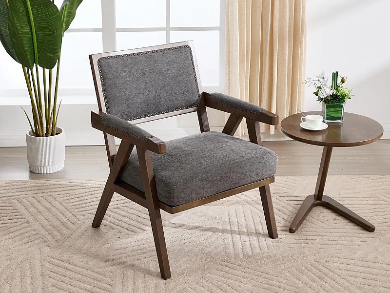 Sienna - Fauteuil Droit en Coton-Lin et Bois Massif - Fauteuil Vintage avec Dossier Ergonomique - Gris - Confortable pour Salon/Chambre/Bureau