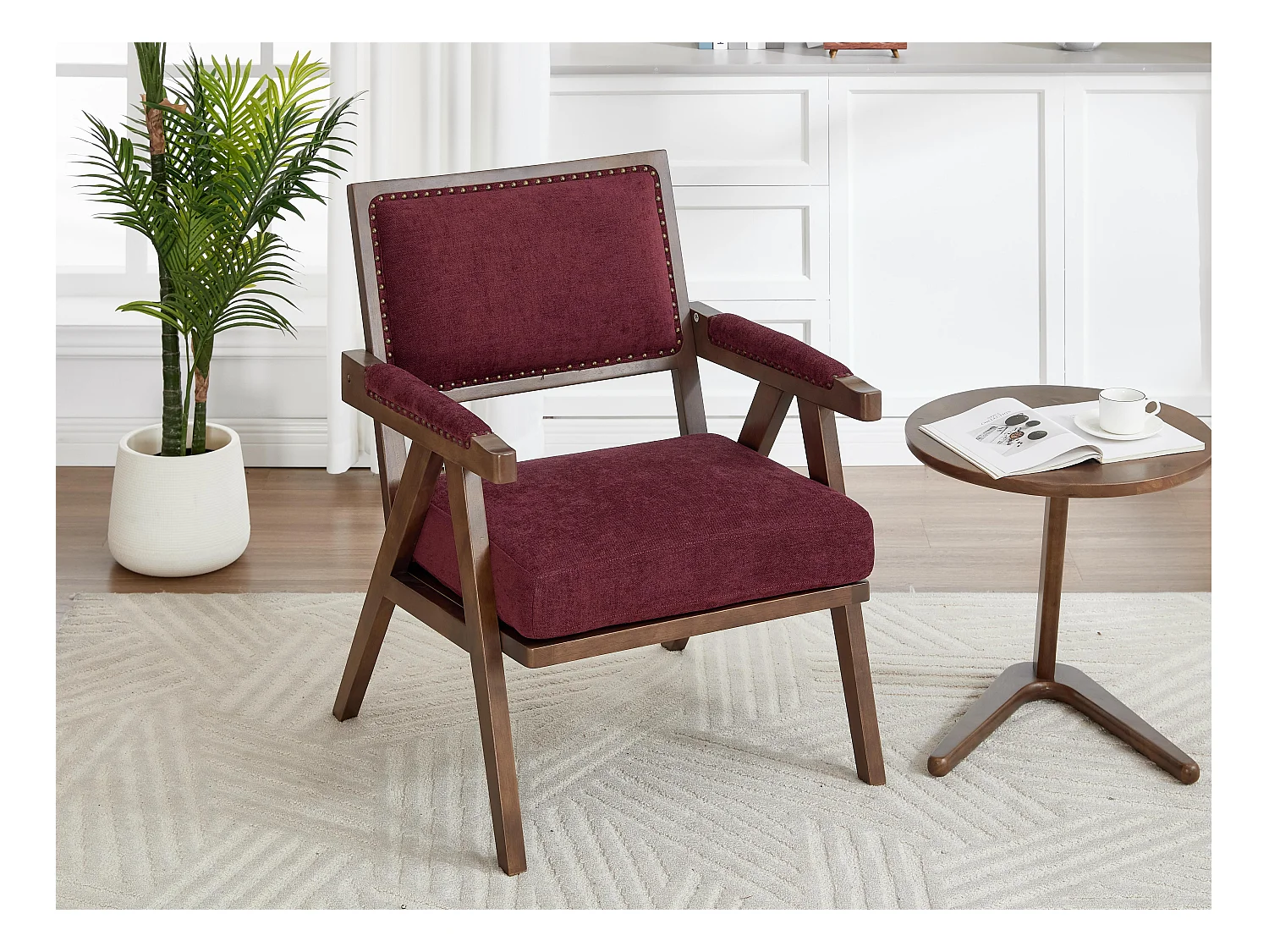 Sienna - Fauteuil Droit en Coton-Lin et Bois Massif - Fauteuil Vintage avec Dossier Ergonomique - Fuchsia - Confortable pour Salon/Chambre/Bureau