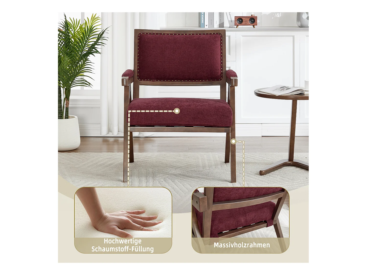 Sienna - Fauteuil Droit en Coton-Lin et Bois Massif - Fauteuil Vintage avec Dossier Ergonomique - Fuchsia - Confortable pour Salon/Chambre/Bureau