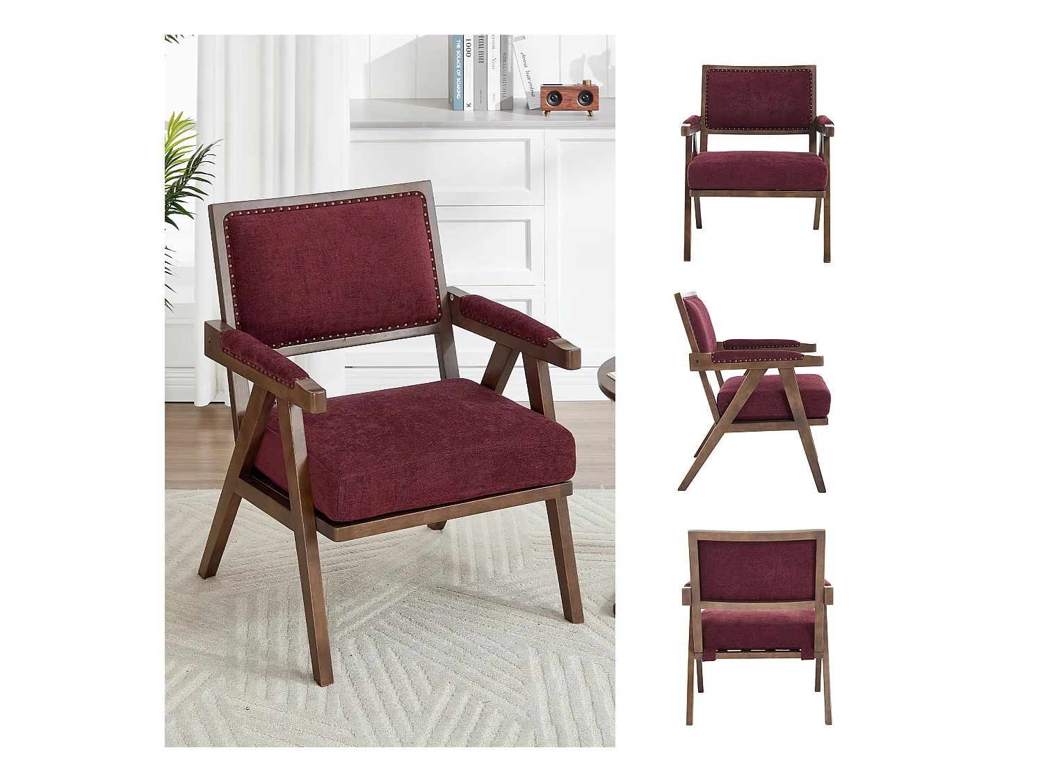 Sienna - Fauteuil Droit en Coton-Lin et Bois Massif - Fauteuil Vintage avec Dossier Ergonomique - Fuchsia - Confortable pour Salon/Chambre/Bureau