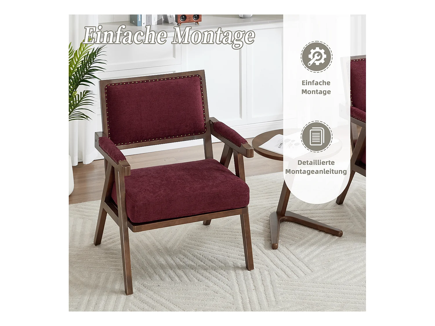 Sienna - Fauteuil Droit en Coton-Lin et Bois Massif - Fauteuil Vintage avec Dossier Ergonomique - Fuchsia - Confortable pour Salon/Chambre/Bureau