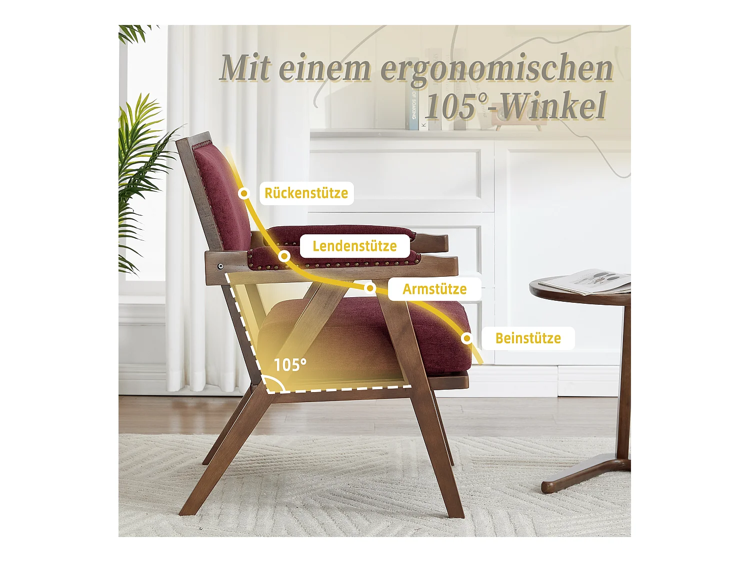 Sienna - Fauteuil Droit en Coton-Lin et Bois Massif - Fauteuil Vintage avec Dossier Ergonomique - Fuchsia - Confortable pour Salon/Chambre/Bureau