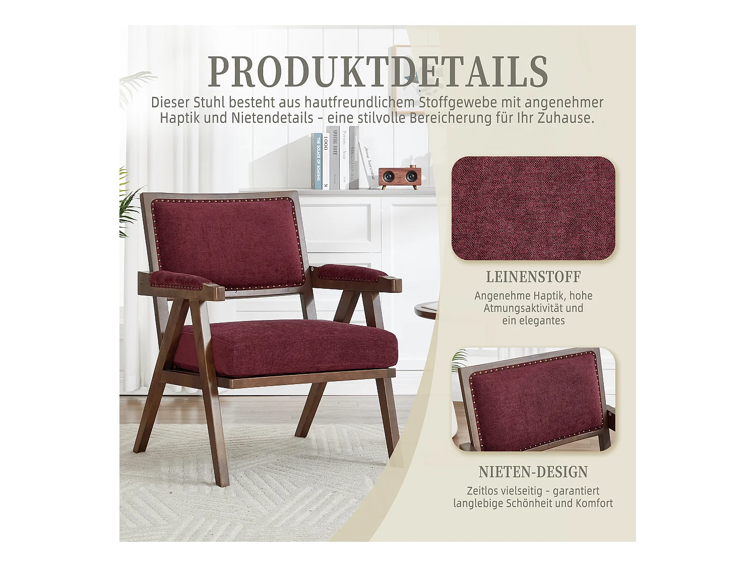 Sienna - Fauteuil Droit en Coton-Lin et Bois Massif - Fauteuil Vintage avec Dossier Ergonomique - Fuchsia - Confortable pour Salon/Chambre/Bureau