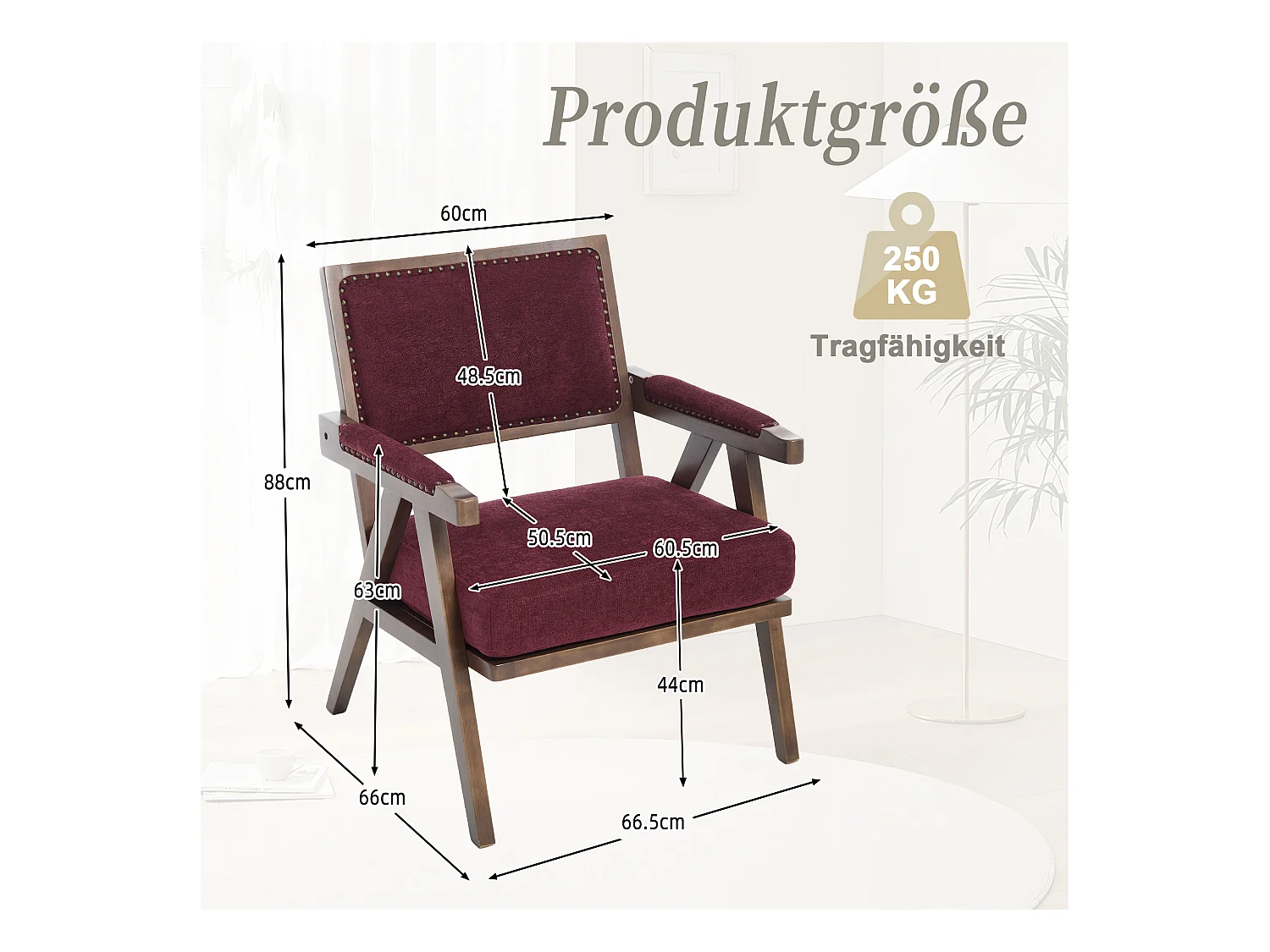 Sienna - Fauteuil Droit en Coton-Lin et Bois Massif - Fauteuil Vintage avec Dossier Ergonomique - Fuchsia - Confortable pour Salon/Chambre/Bureau