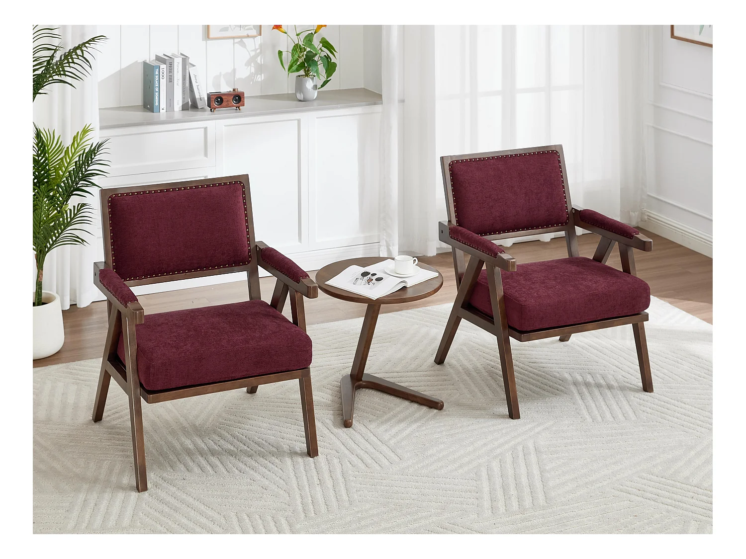 Sienna - Fauteuil Droit en Coton-Lin et Bois Massif - Fauteuil Vintage avec Dossier Ergonomique - Fuchsia - Confortable pour Salon/Chambre/Bureau