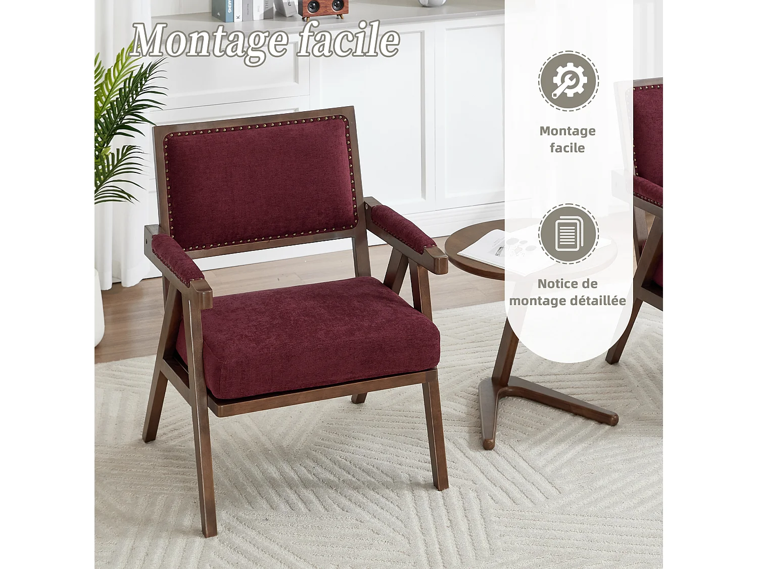 Sienna - Fauteuil Droit en Coton-Lin et Bois Massif - Fauteuil Vintage avec Dossier Ergonomique - Fuchsia - Confortable pour Salon/Chambre/Bureau