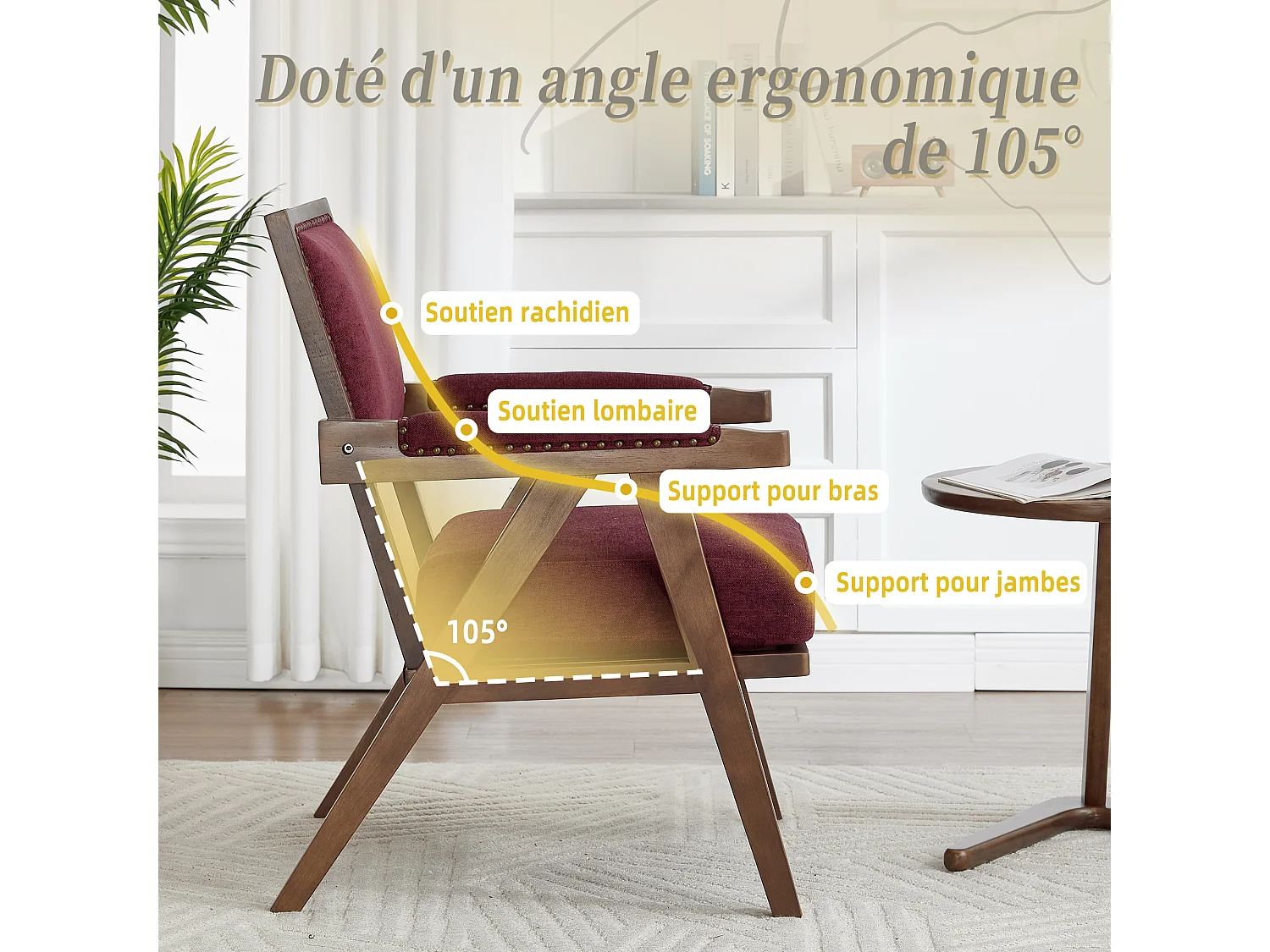 Sienna - Fauteuil Droit en Coton-Lin et Bois Massif - Fauteuil Vintage avec Dossier Ergonomique - Fuchsia - Confortable pour Salon/Chambre/Bureau