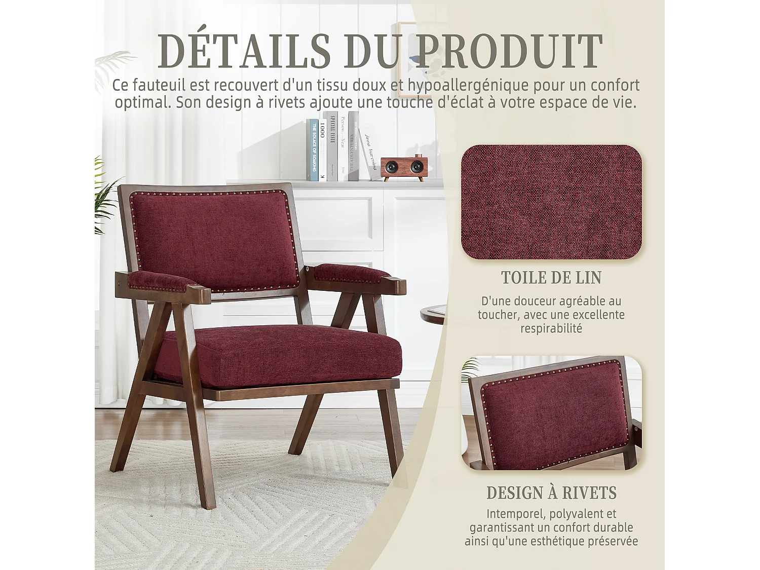 Sienna - Fauteuil Droit en Coton-Lin et Bois Massif - Fauteuil Vintage avec Dossier Ergonomique - Fuchsia - Confortable pour Salon/Chambre/Bureau