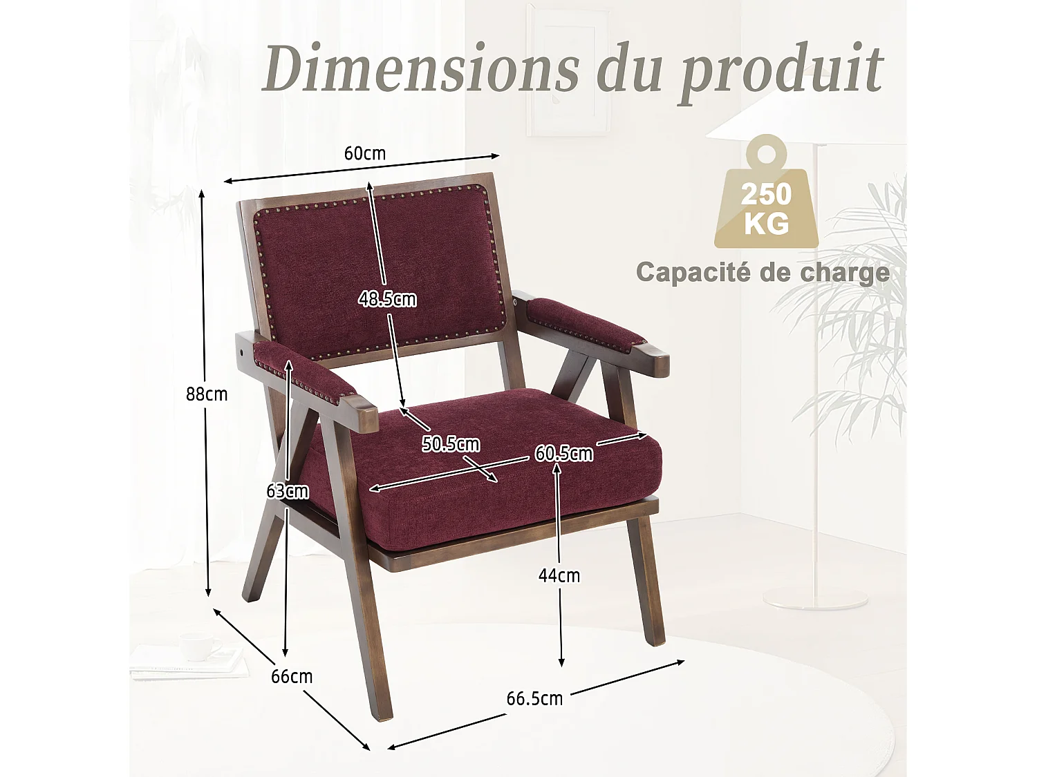 Sienna - Fauteuil Droit en Coton-Lin et Bois Massif - Fauteuil Vintage avec Dossier Ergonomique - Fuchsia - Confortable pour Salon/Chambre/Bureau