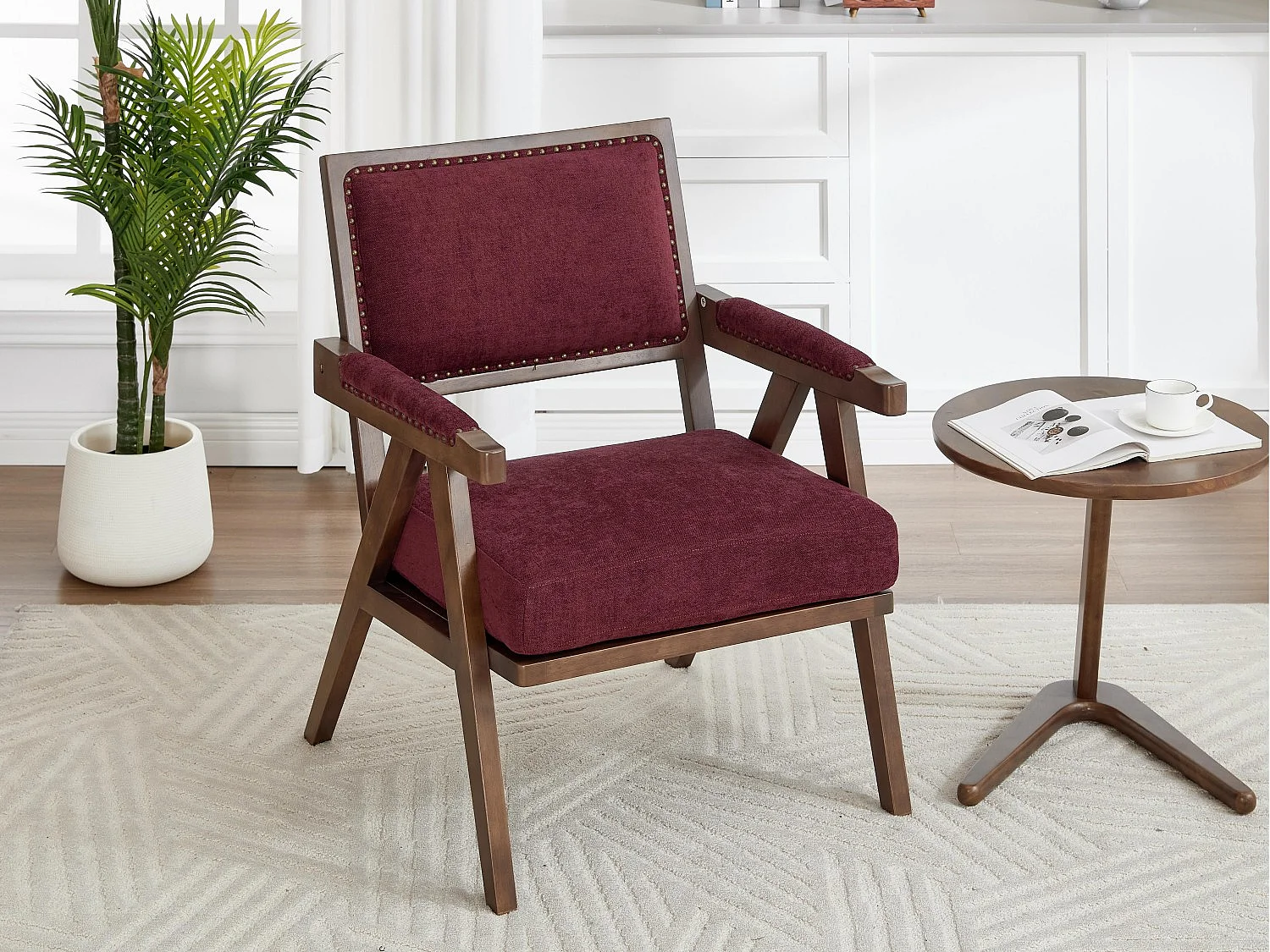 Sienna - Fauteuil Droit en Coton-Lin et Bois Massif - Fauteuil Vintage avec Dossier Ergonomique - Fuchsia - Confortable pour Salon/Chambre/Bureau