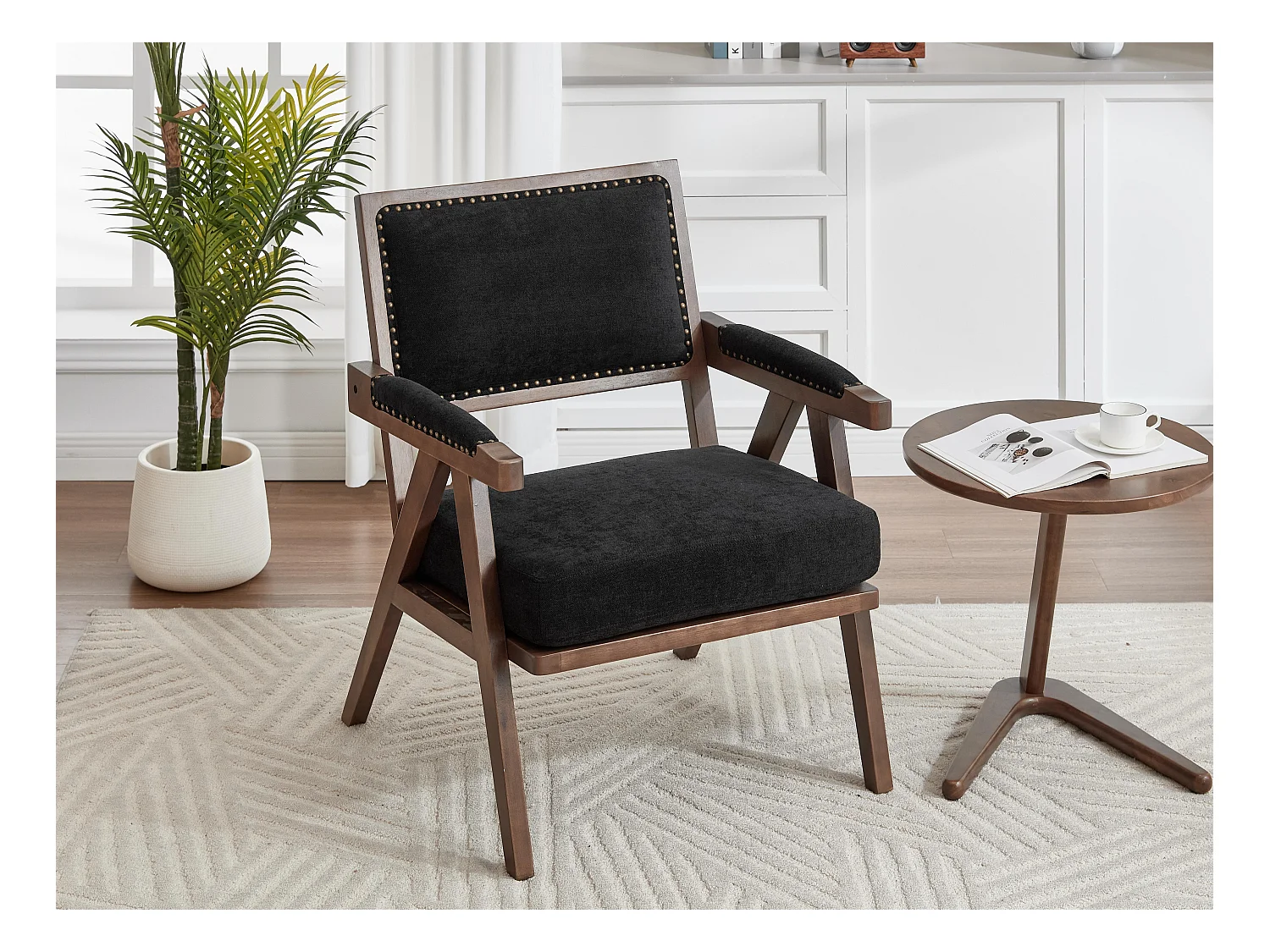 Sienna - Fauteuil Droit en Coton-Lin et Bois Massif - Fauteuil Vintage avec Dossier Ergonomique - Noir - Confortable pour Salon/Chambre/Bureau