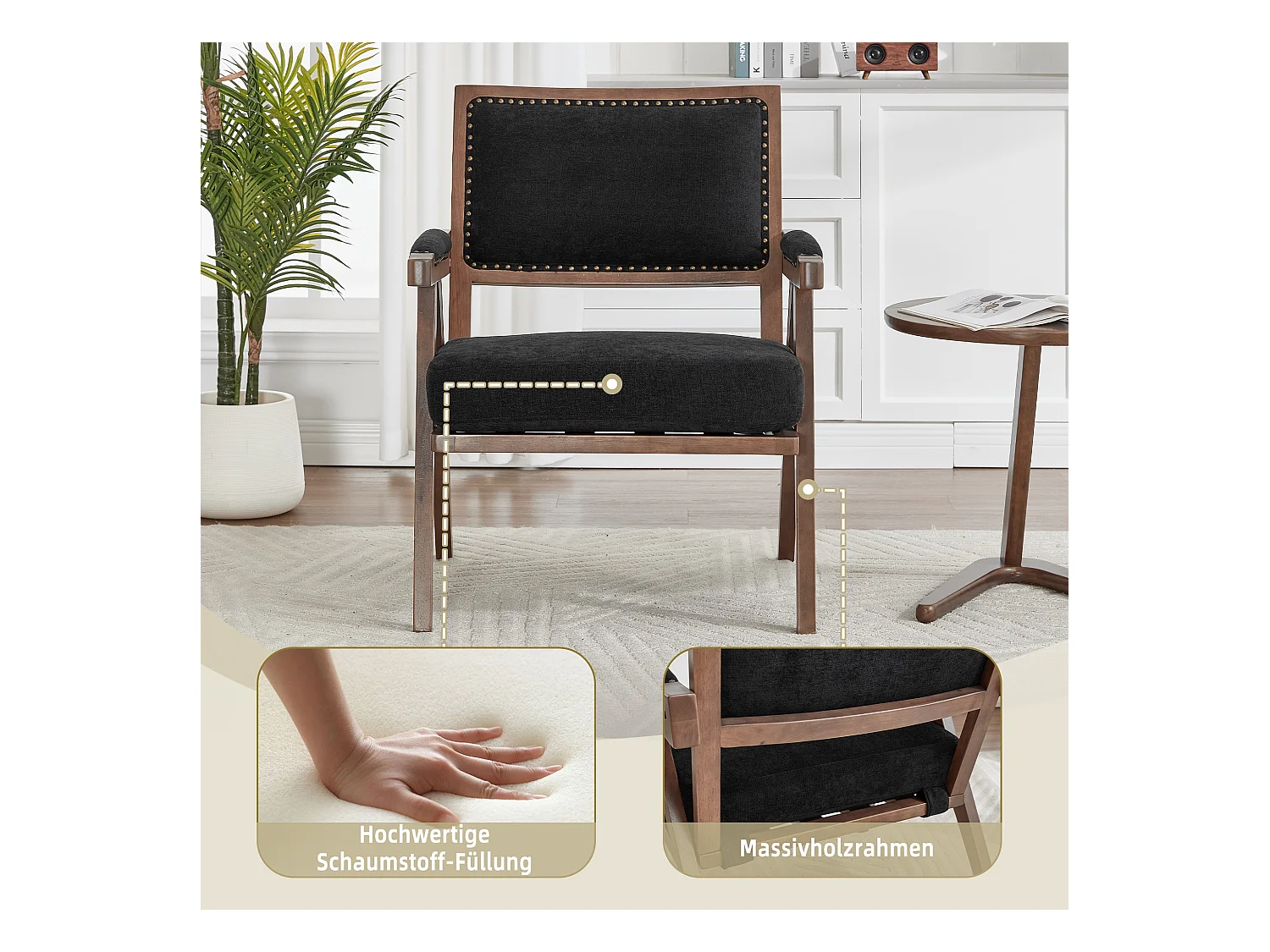 Sienna - Fauteuil Droit en Coton-Lin et Bois Massif - Fauteuil Vintage avec Dossier Ergonomique - Noir - Confortable pour Salon/Chambre/Bureau