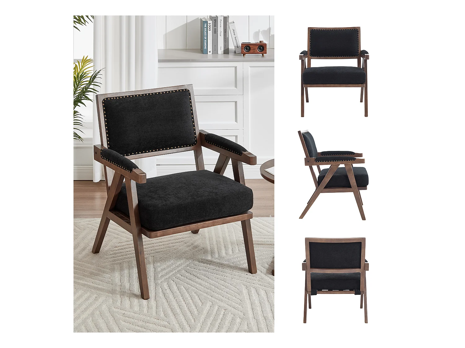 Sienna - Fauteuil Droit en Coton-Lin et Bois Massif - Fauteuil Vintage avec Dossier Ergonomique - Noir - Confortable pour Salon/Chambre/Bureau