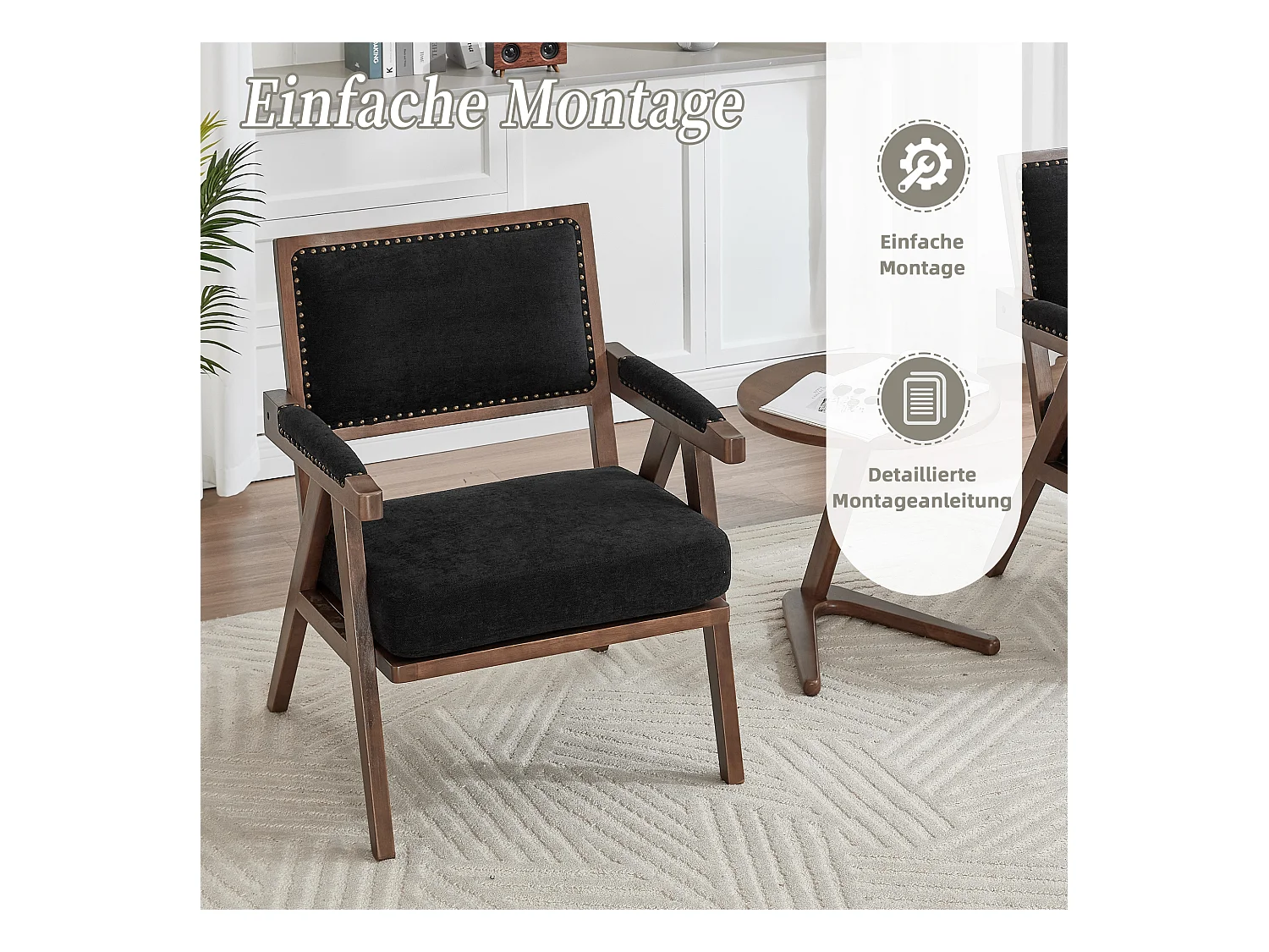 Sienna - Fauteuil Droit en Coton-Lin et Bois Massif - Fauteuil Vintage avec Dossier Ergonomique - Noir - Confortable pour Salon/Chambre/Bureau