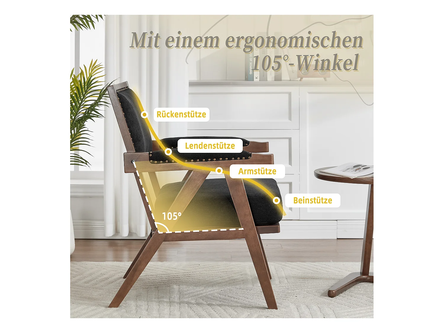 Sienna - Fauteuil Droit en Coton-Lin et Bois Massif - Fauteuil Vintage avec Dossier Ergonomique - Noir - Confortable pour Salon/Chambre/Bureau