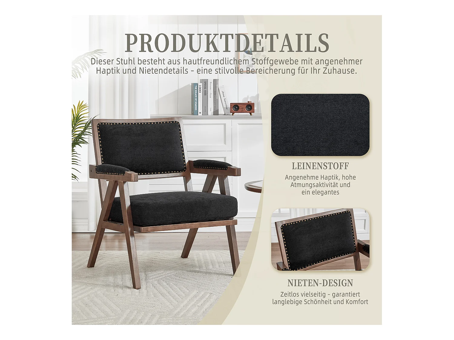 Sienna - Fauteuil Droit en Coton-Lin et Bois Massif - Fauteuil Vintage avec Dossier Ergonomique - Noir - Confortable pour Salon/Chambre/Bureau