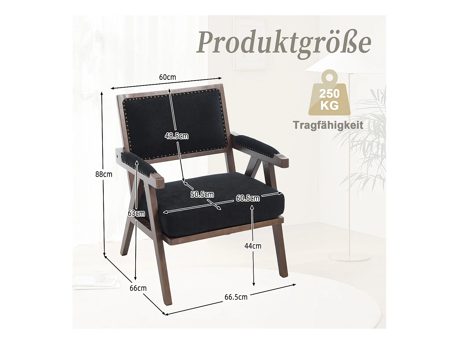 Sienna - Fauteuil Droit en Coton-Lin et Bois Massif - Fauteuil Vintage avec Dossier Ergonomique - Noir - Confortable pour Salon/Chambre/Bureau