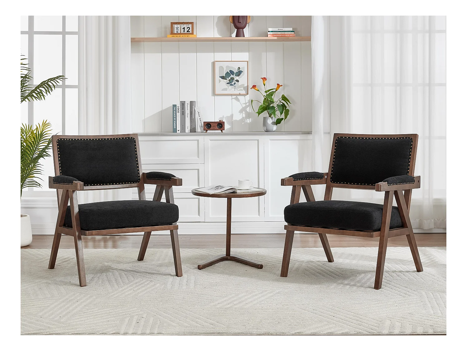 Sienna - Fauteuil Droit en Coton-Lin et Bois Massif - Fauteuil Vintage avec Dossier Ergonomique - Noir - Confortable pour Salon/Chambre/Bureau