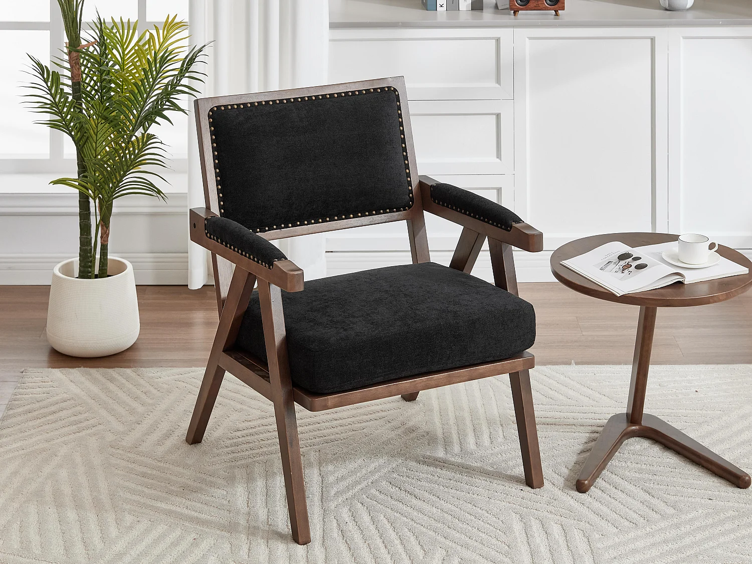 Sienna - Fauteuil Droit en Coton-Lin et Bois Massif - Fauteuil Vintage avec Dossier Ergonomique - Noir - Confortable pour Salon/Chambre/Bureau