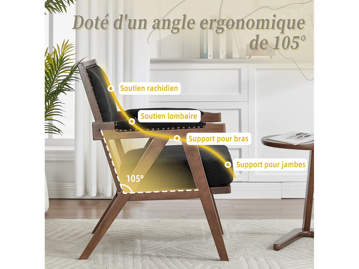 Sienna - Fauteuil Droit en Coton-Lin et Bois Massif - Fauteuil Vintage avec Dossier Ergonomique - Noir - Confortable pour Salon/Chambre/Bureau