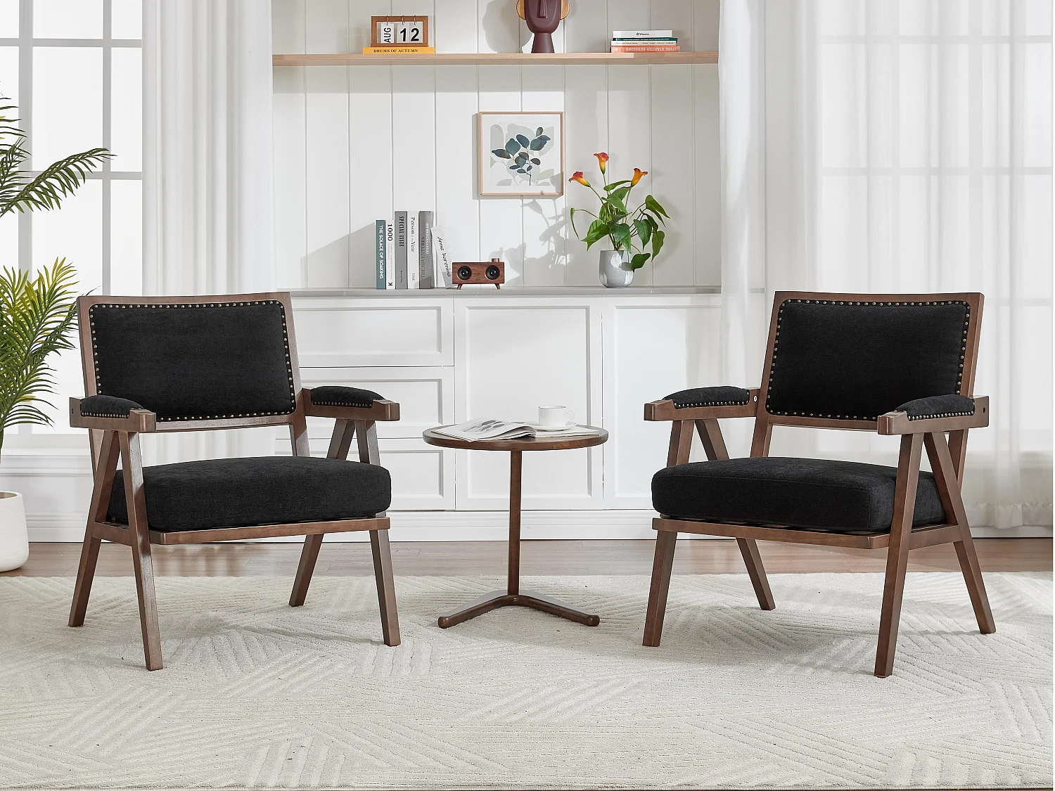 Sienna - Fauteuil Droit en Coton-Lin et Bois Massif - Fauteuil Vintage avec Dossier Ergonomique - Noir - Confortable pour Salon/Chambre/Bureau