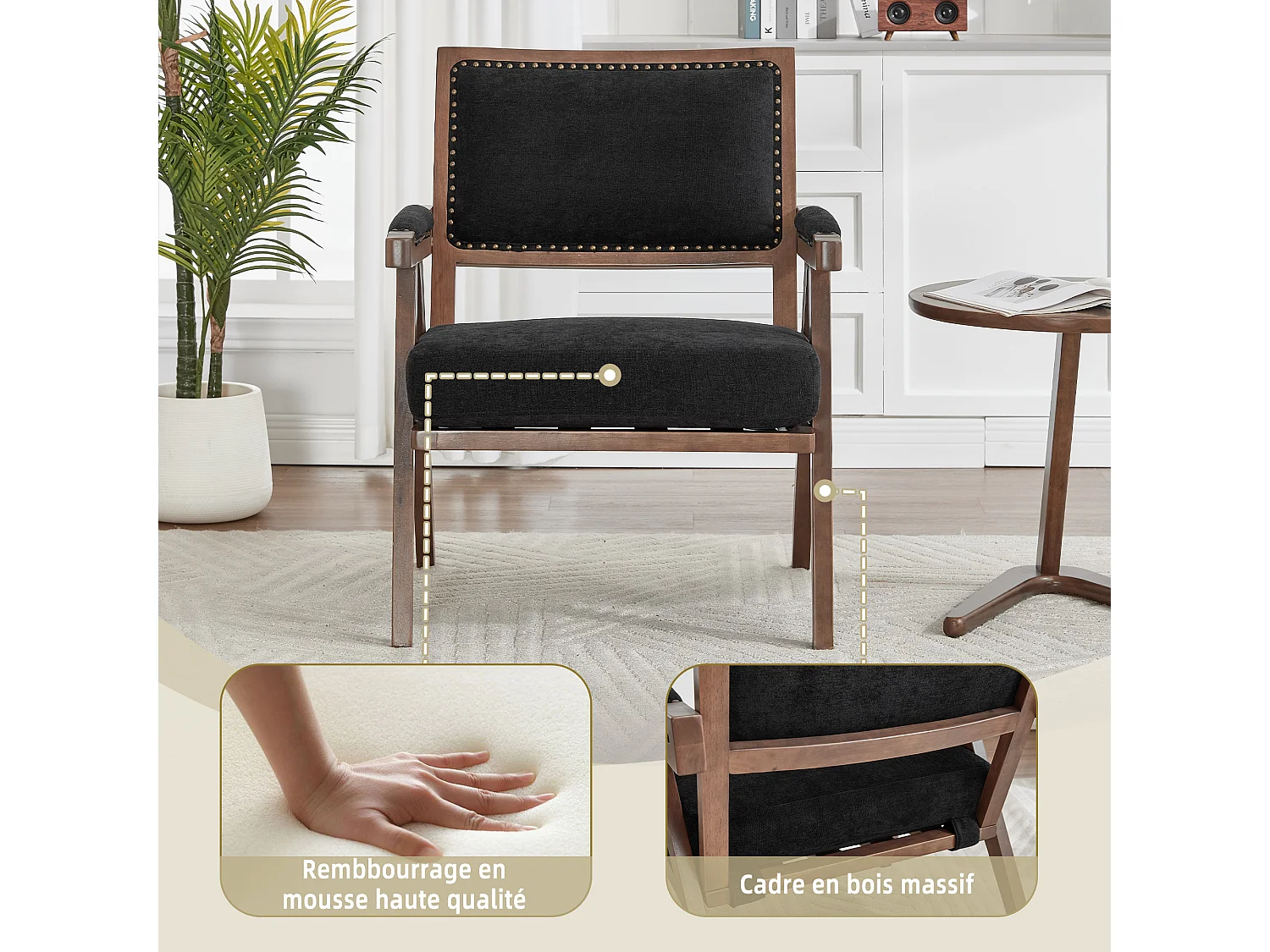 Sienna - Fauteuil Droit en Coton-Lin et Bois Massif - Fauteuil Vintage avec Dossier Ergonomique - Noir - Confortable pour Salon/Chambre/Bureau