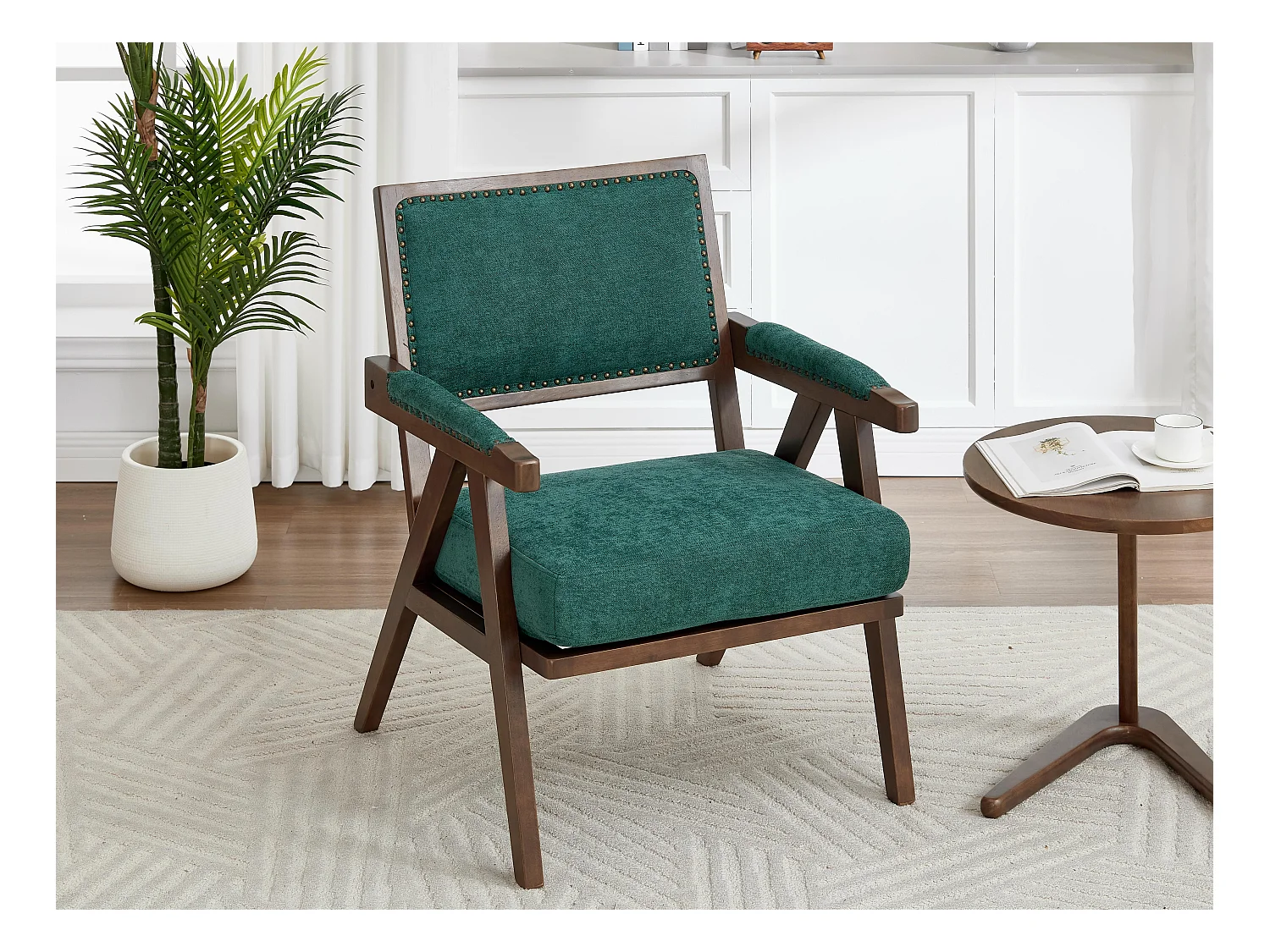 Sienna - Fauteuil Droit en Coton-Lin et Bois Massif - Fauteuil Vintage avec Dossier Ergonomique - Vert - Confortable pour Salon/Chambre/Bureau