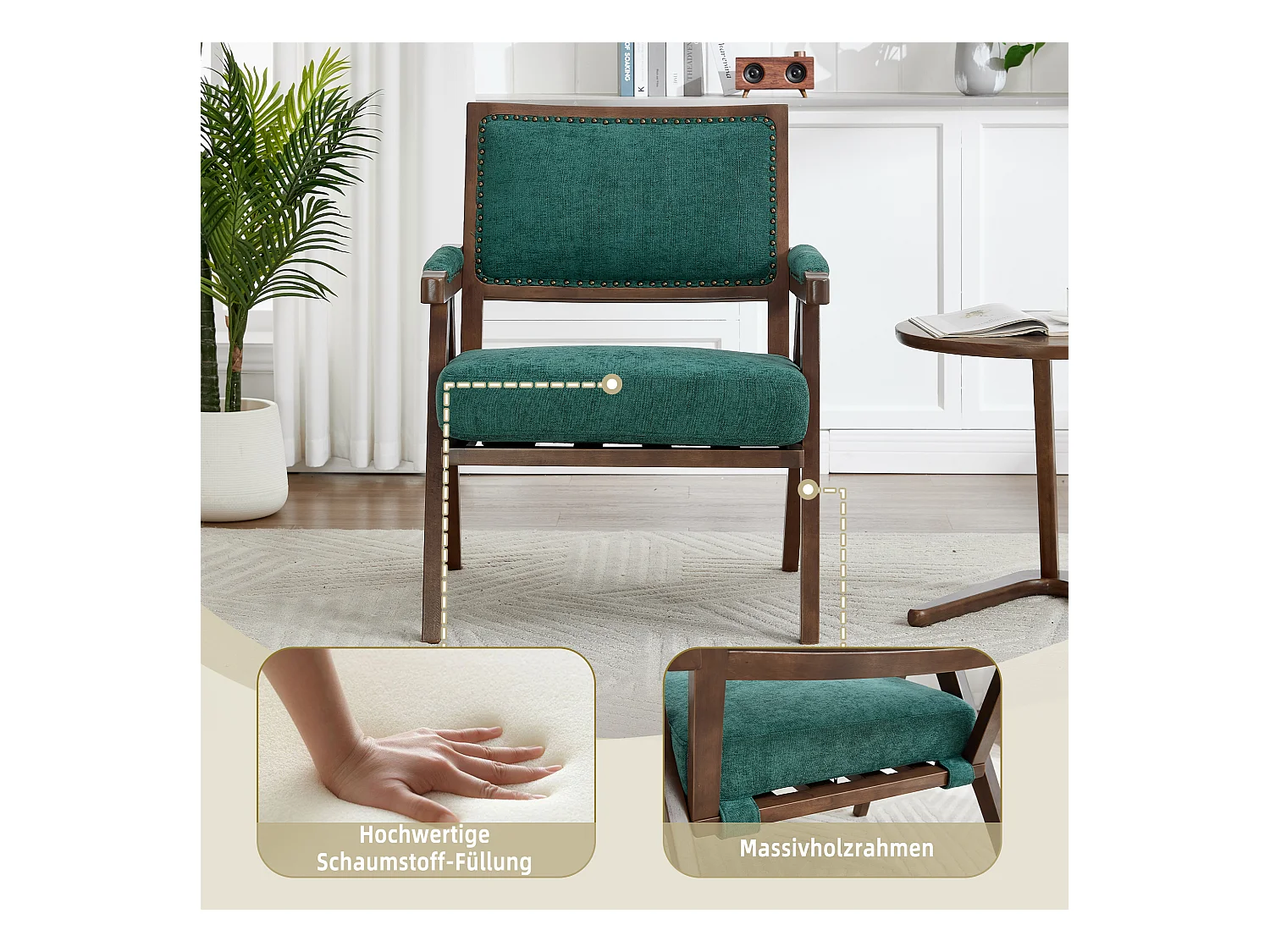 Sienna - Fauteuil Droit en Coton-Lin et Bois Massif - Fauteuil Vintage avec Dossier Ergonomique - Vert - Confortable pour Salon/Chambre/Bureau