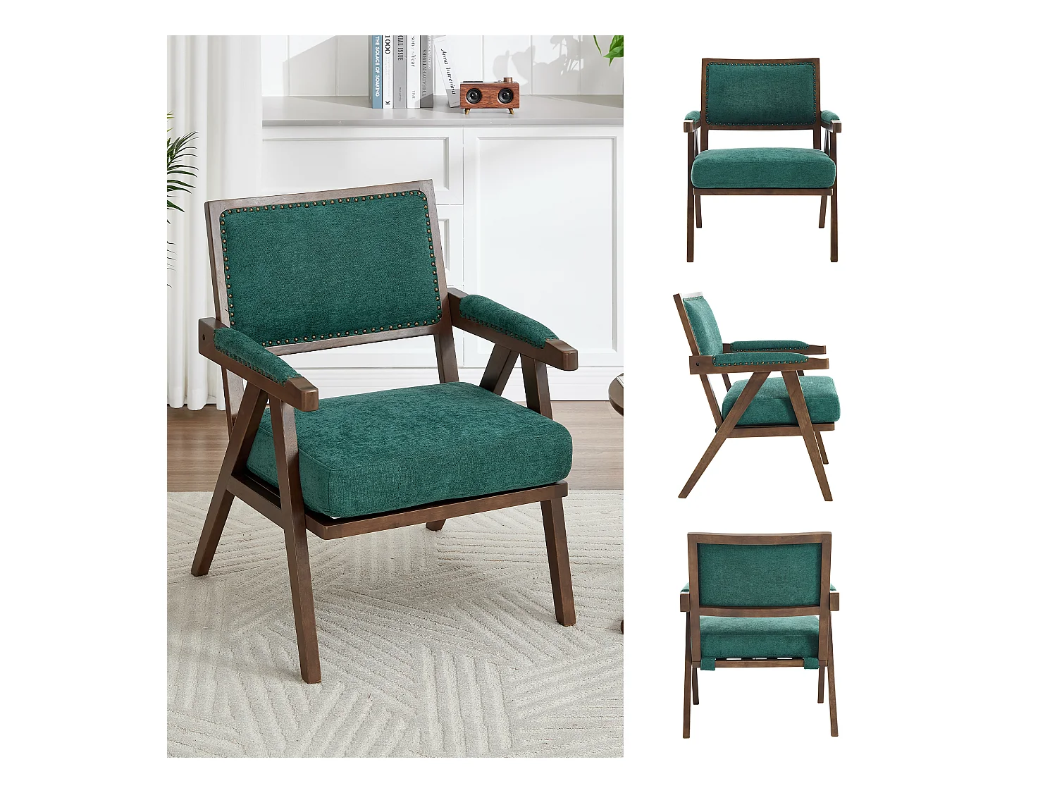 Sienna - Fauteuil Droit en Coton-Lin et Bois Massif - Fauteuil Vintage avec Dossier Ergonomique - Vert - Confortable pour Salon/Chambre/Bureau