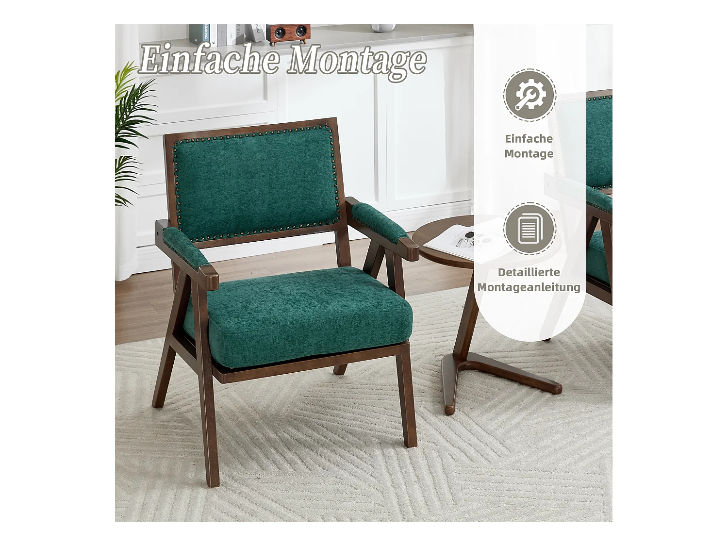 Sienna - Fauteuil Droit en Coton-Lin et Bois Massif - Fauteuil Vintage avec Dossier Ergonomique - Vert - Confortable pour Salon/Chambre/Bureau