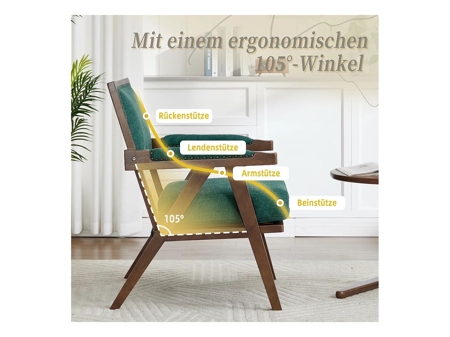 Sienna - Fauteuil Droit en Coton-Lin et Bois Massif - Fauteuil Vintage avec Dossier Ergonomique - Vert - Confortable pour Salon/Chambre/Bureau