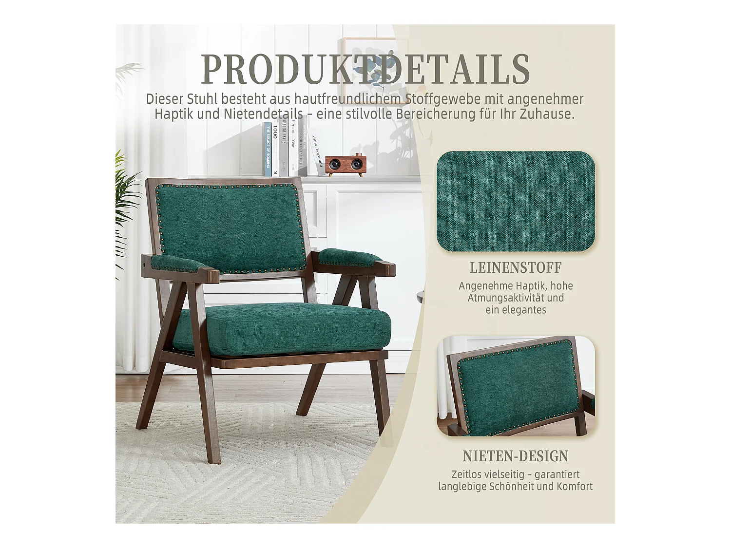 Sienna - Fauteuil Droit en Coton-Lin et Bois Massif - Fauteuil Vintage avec Dossier Ergonomique - Vert - Confortable pour Salon/Chambre/Bureau