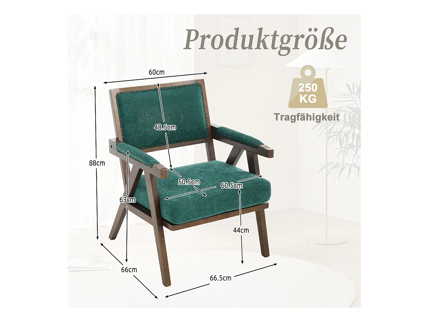 Sienna - Fauteuil Droit en Coton-Lin et Bois Massif - Fauteuil Vintage avec Dossier Ergonomique - Vert - Confortable pour Salon/Chambre/Bureau