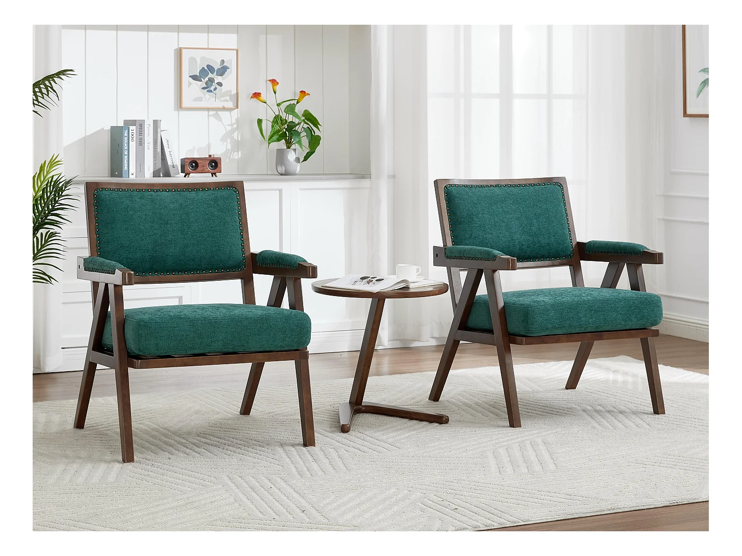 Sienna - Fauteuil Droit en Coton-Lin et Bois Massif - Fauteuil Vintage avec Dossier Ergonomique - Vert - Confortable pour Salon/Chambre/Bureau