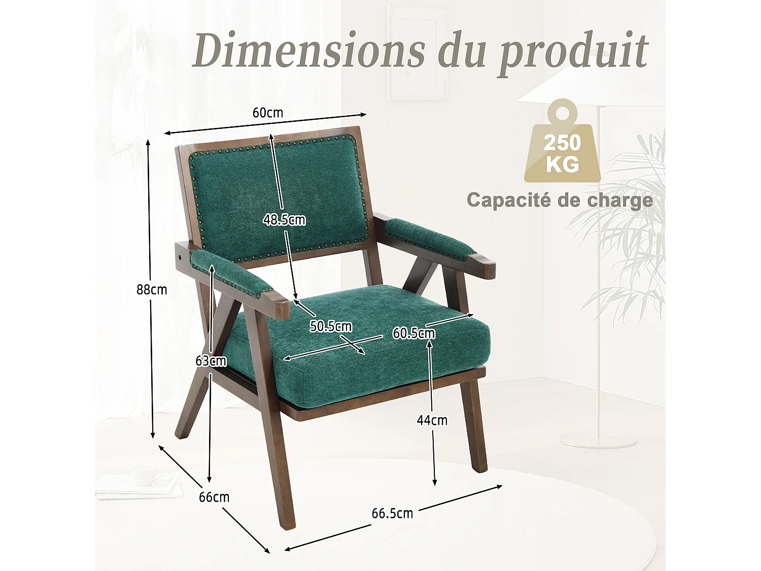 Sienna - Fauteuil Droit en Coton-Lin et Bois Massif - Fauteuil Vintage avec Dossier Ergonomique - Vert - Confortable pour Salon/Chambre/Bureau