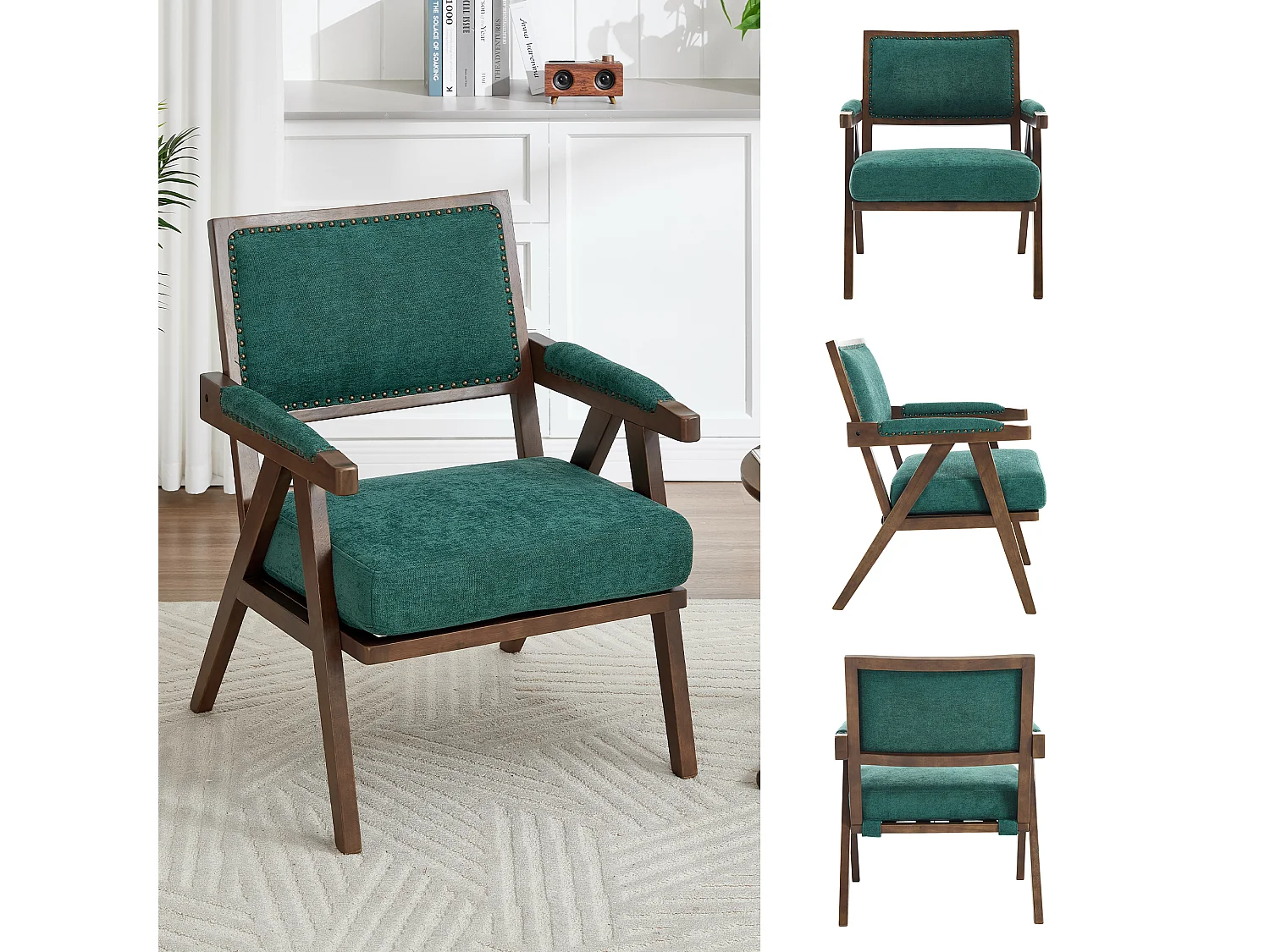 Sienna - Fauteuil Droit en Coton-Lin et Bois Massif - Fauteuil Vintage avec Dossier Ergonomique - Vert - Confortable pour Salon/Chambre/Bureau