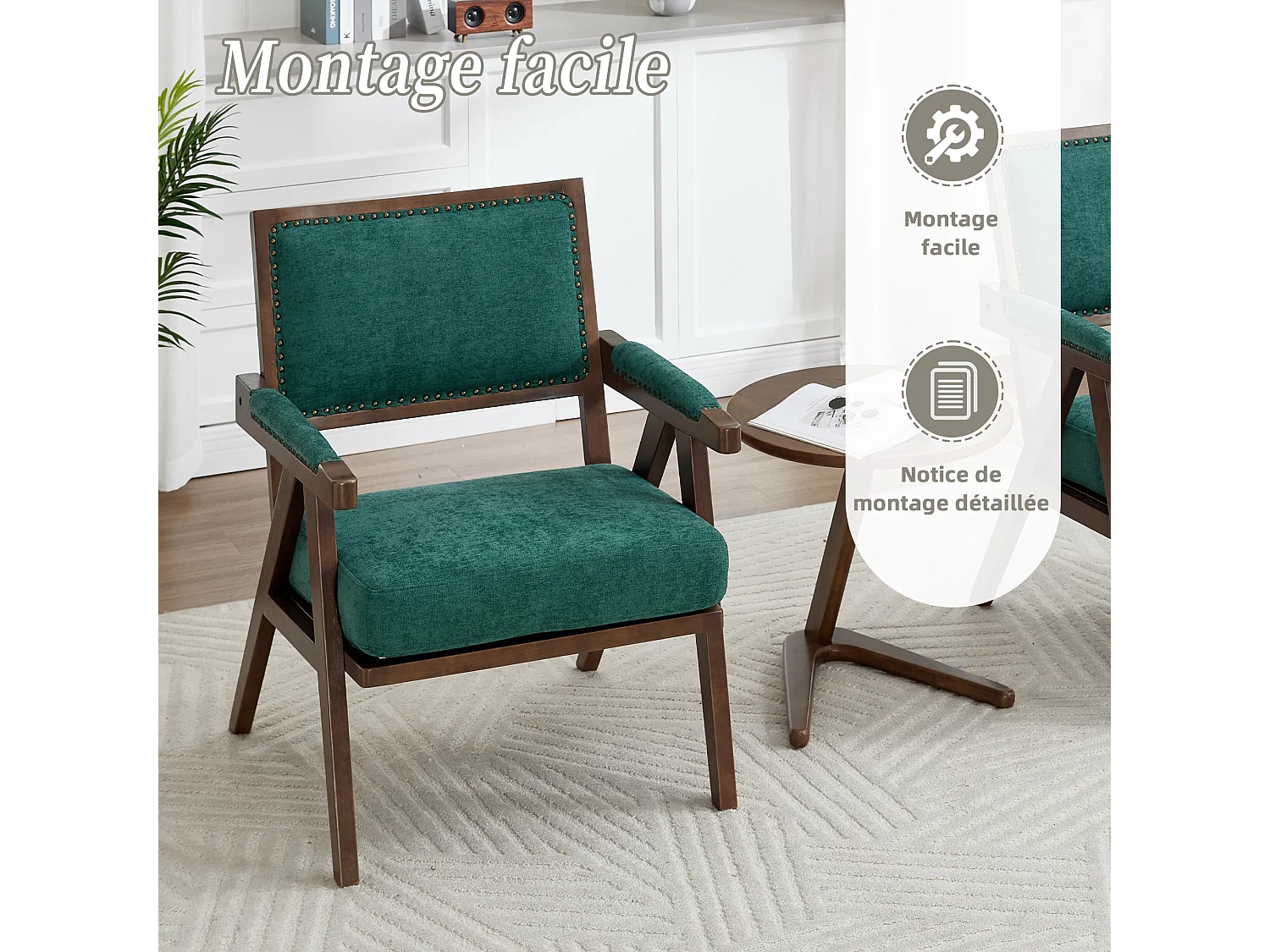 Sienna - Fauteuil Droit en Coton-Lin et Bois Massif - Fauteuil Vintage avec Dossier Ergonomique - Vert - Confortable pour Salon/Chambre/Bureau