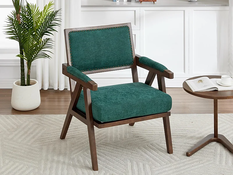 Sienna - Fauteuil Droit en Coton-Lin et Bois Massif - Fauteuil Vintage avec Dossier Ergonomique - Vert - Confortable pour Salon/Chambre/Bureau