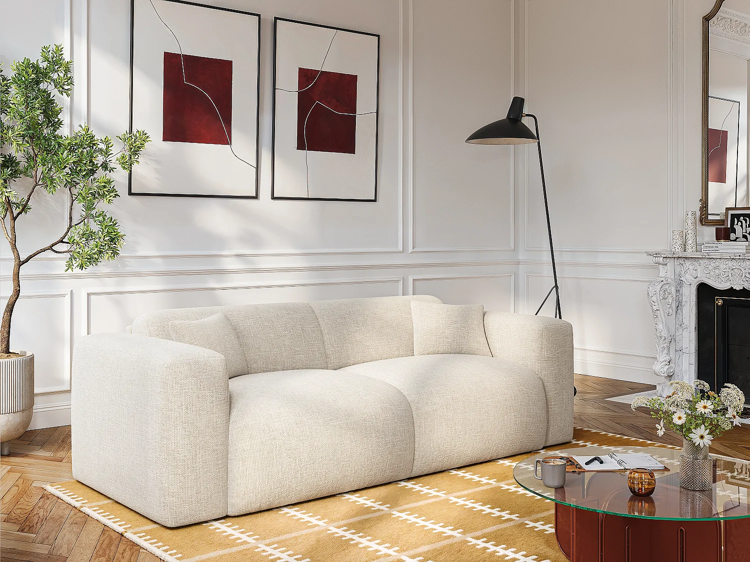 Canapé 3 places convertible express en tissu texturé beige - Matelas 16 cm avec mémoire de forme POGNIA