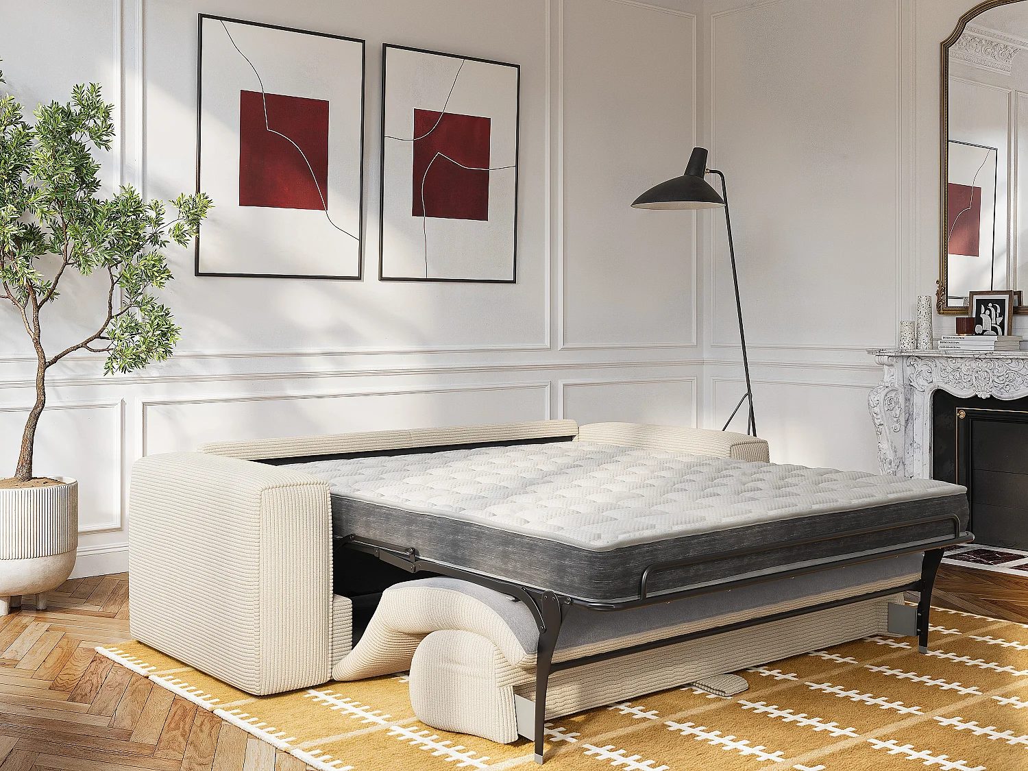 Canapé 3 places convertible express en velours côtelé beige - Matelas 16 cm avec mémoire de forme POGNIA