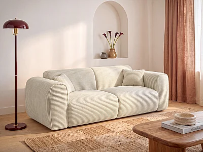 Canapé 3 places convertible express en velours côtelé beige - Couchage 140 cm - Matelas 16 cm avec mémoire de forme POGNIA