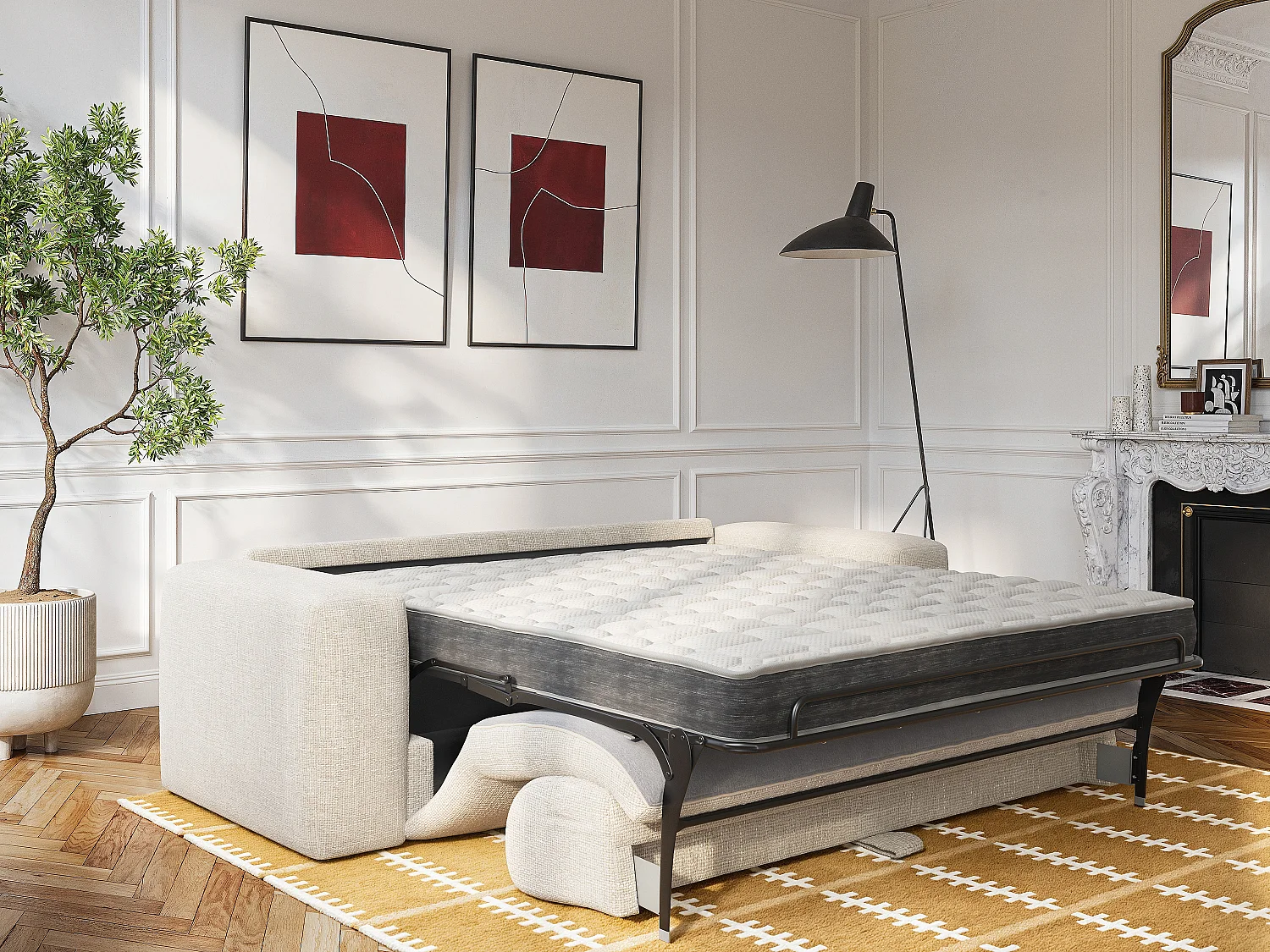 Canapé 4 places convertible express en tissu texturé beige - Matelas 16 cm avec mémoire de forme POGNIA