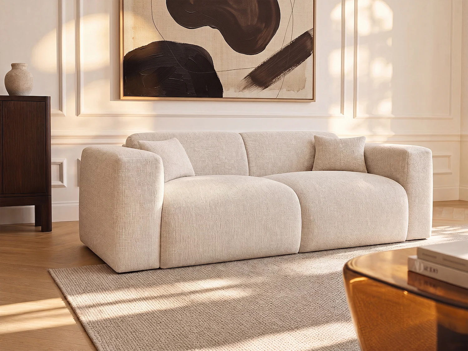 4-Seater Express Convertible Sofa in Textured Beige Fabric - 16 cm Memory Foam Mattress POGNIA