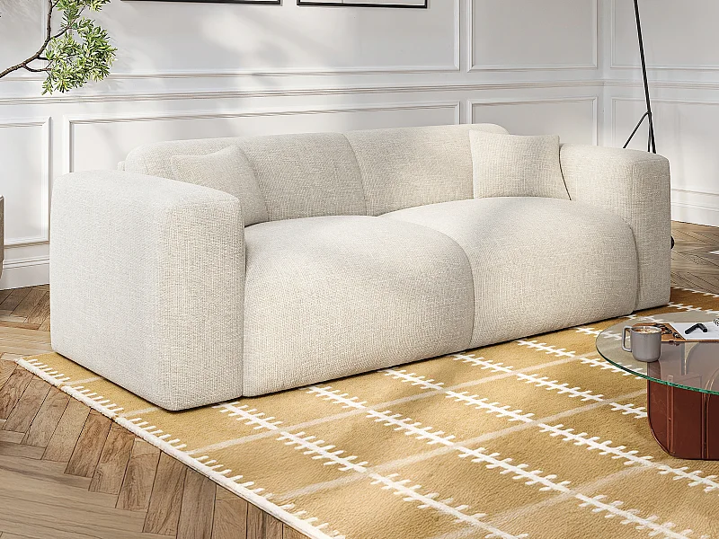 Canapé 4 places convertible express en tissu texturé beige - Matelas 16 cm avec mémoire de forme POGNIA