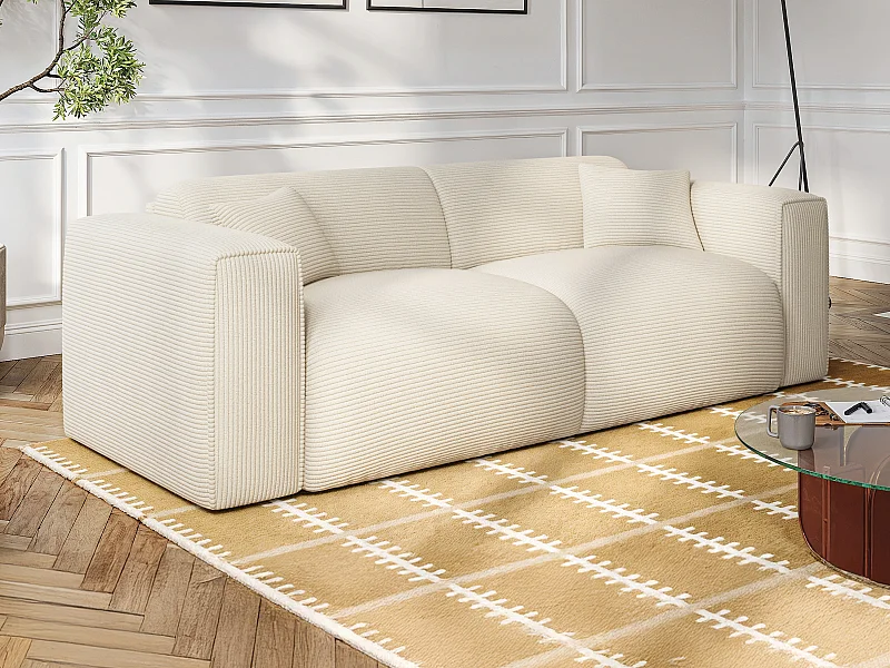 Canapé 4 places convertible express en velours côtelé beige - Matelas 16 cm avec mémoire de forme POGNIA